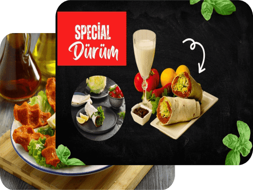 Mevzubahis çiğköfte dürüm ayran ve soslar ile özel sunum